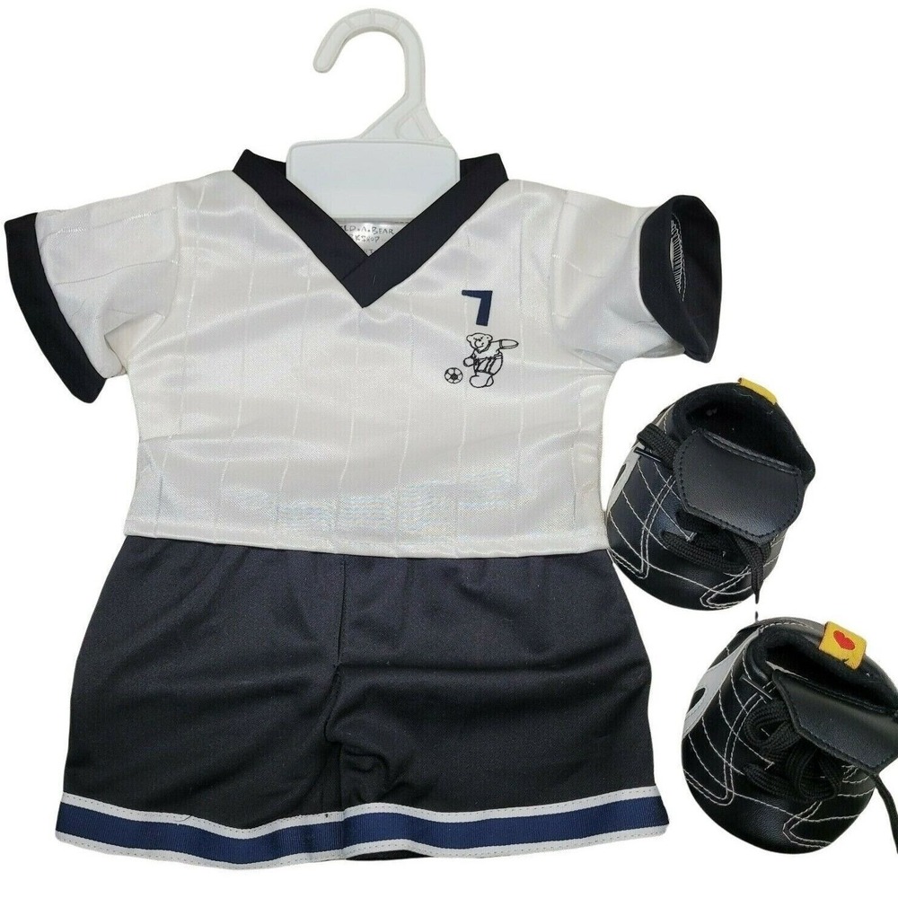 Build-A-Bear Soccer Uniform Set White Black Jersey Shorts Cleats 3pc Clothes